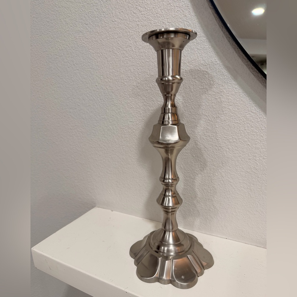 Pier 1 Imports Silver Metal Candlestick Tall Sculptural Candle Holder 13”